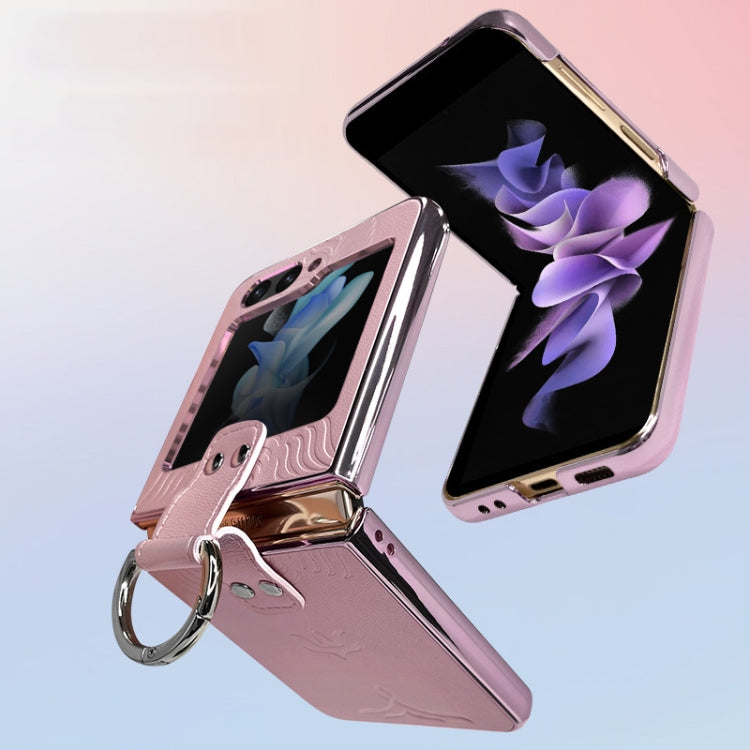 Electroplated Embossed Leather Phone Case with Ring, For Samsung Galaxy Z Flip5, For Samsung Galaxy Z Flip4