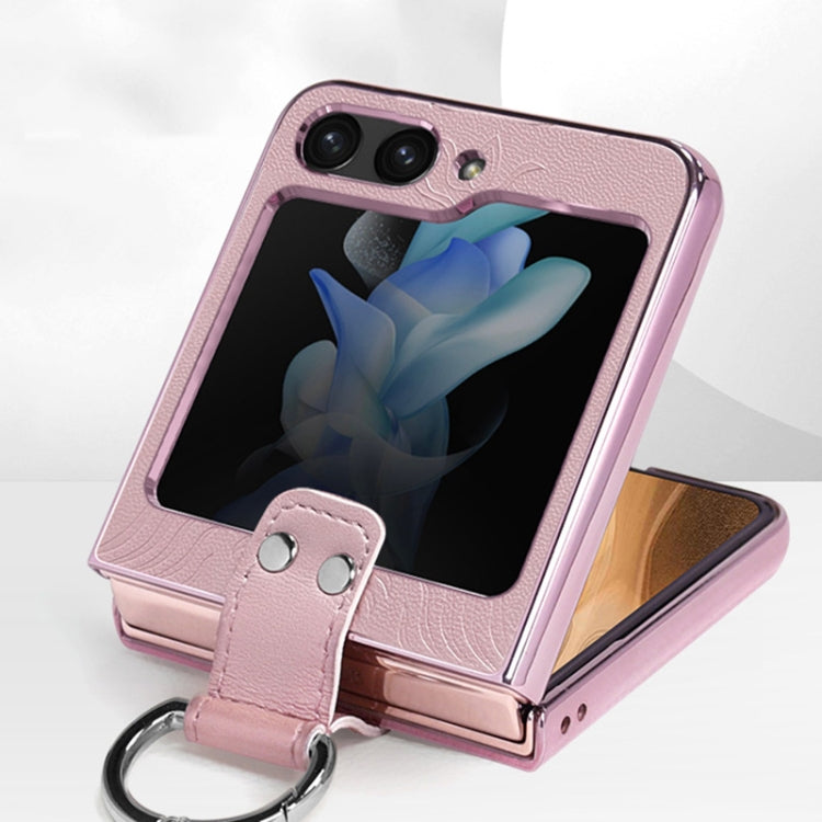 Electroplated Embossed Leather Phone Case with Ring, For Samsung Galaxy Z Flip5, For Samsung Galaxy Z Flip4