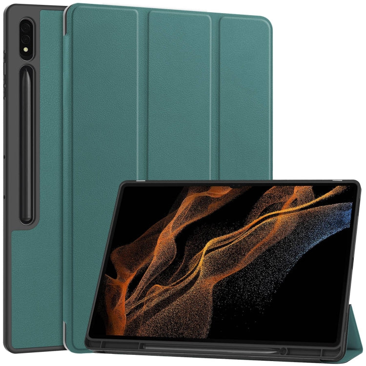 3-Fold Pure Color TPU Smart Leather Tablet Case with Pen Slot, For Samsung Galaxy Tab S10 Ultra / S9 Ultra