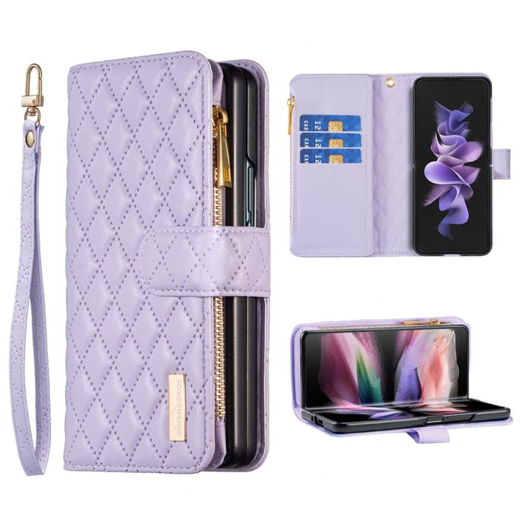 Diamond Lattice Zipper Wallet Leather Flip Phone Case, For Samsung Galaxy Z Fold7, For Samsung Galaxy Z Fold6, For Samsung Galaxy Z Fold5