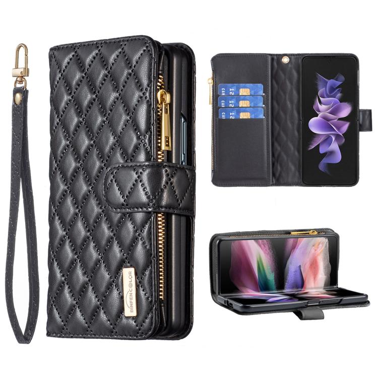 Diamond Lattice Zipper Wallet Leather Flip Phone Case, For Samsung Galaxy Z Fold7, For Samsung Galaxy Z Fold6, For Samsung Galaxy Z Fold5