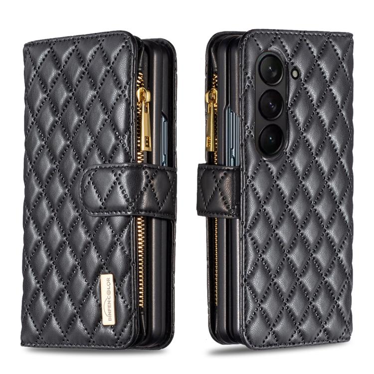 Diamond Lattice Zipper Wallet Leather Flip Phone Case, For Samsung Galaxy Z Fold7, For Samsung Galaxy Z Fold6, For Samsung Galaxy Z Fold5