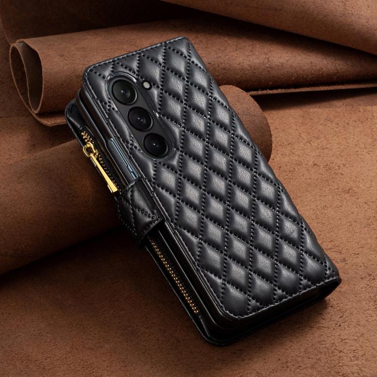 Diamond Lattice Zipper Wallet Leather Flip Phone Case, For Samsung Galaxy Z Fold7, For Samsung Galaxy Z Fold6, For Samsung Galaxy Z Fold5