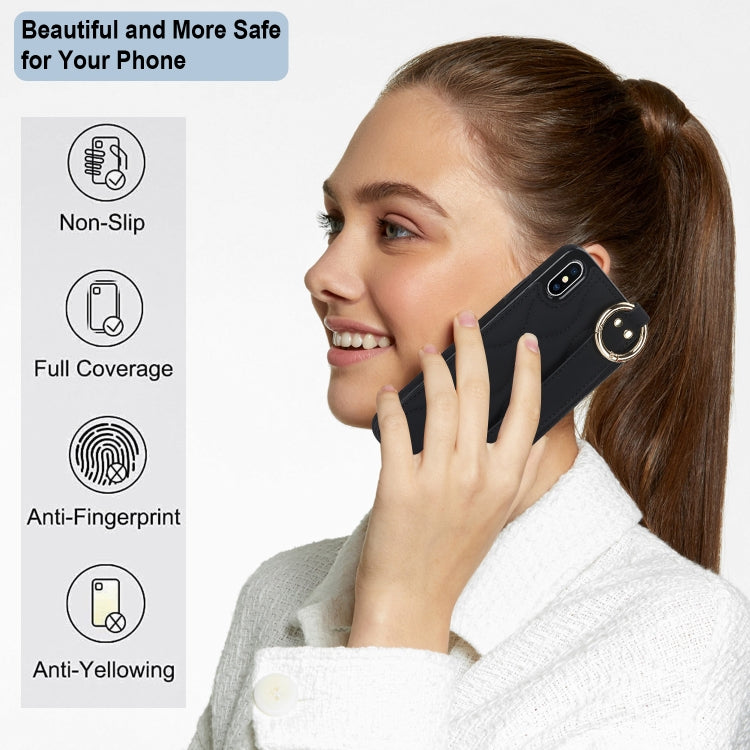 Non-slip Full Coverage Ring PU Phone Case with Wristband, For iPhone XS / X, For iPhone XR, For iPhone XS Max, For iPhone 7 Plus / 8 Plus, For iPhone 7 / 8