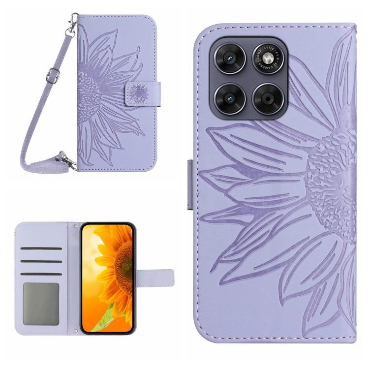 HT04 Skin Feel Sun Flower Embossed Flip Leather Phone Case with Lanyard, For Motorola Moto G37 5G, For Motorola Edge 70 Pro 5G, For Motorola Edge 70 Fusion 5G, For Motorola Moto G67 5G / G77 5G