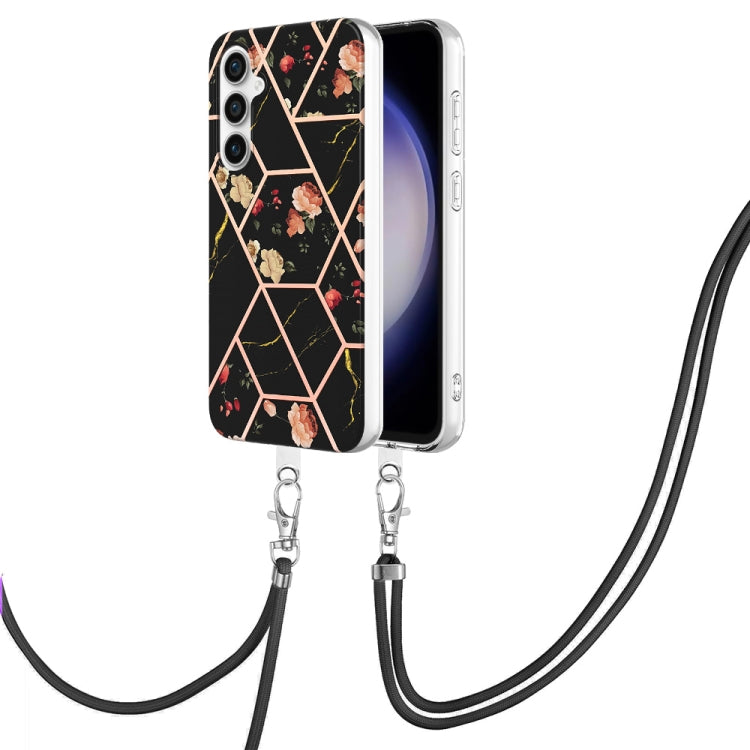 Electroplating Splicing Marble Flower IMD TPU Phone Case with Lanyard, For Samsung Galaxy S25 Ultra 5G, For Samsung Galaxy S24 Ultra 5G, For Samsung Galaxy S24+ 5G, For Samsung Galaxy S24 5G, For Samsung Galaxy S23 FE 5G