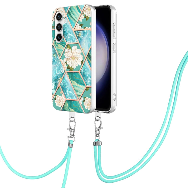 Electroplating Splicing Marble Flower IMD TPU Phone Case with Lanyard, For Samsung Galaxy S25 Ultra 5G, For Samsung Galaxy S24 Ultra 5G, For Samsung Galaxy S24+ 5G, For Samsung Galaxy S24 5G, For Samsung Galaxy S23 FE 5G