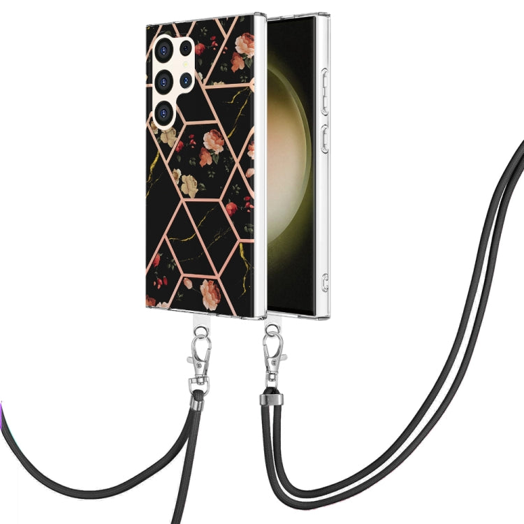 Electroplating Splicing Marble Flower IMD TPU Phone Case with Lanyard, For Samsung Galaxy S25 Ultra 5G, For Samsung Galaxy S24 Ultra 5G, For Samsung Galaxy S24+ 5G, For Samsung Galaxy S24 5G, For Samsung Galaxy S23 FE 5G