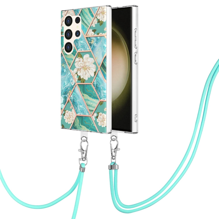 Electroplating Splicing Marble Flower IMD TPU Phone Case with Lanyard, For Samsung Galaxy S25 Ultra 5G, For Samsung Galaxy S24 Ultra 5G, For Samsung Galaxy S24+ 5G, For Samsung Galaxy S24 5G, For Samsung Galaxy S23 FE 5G