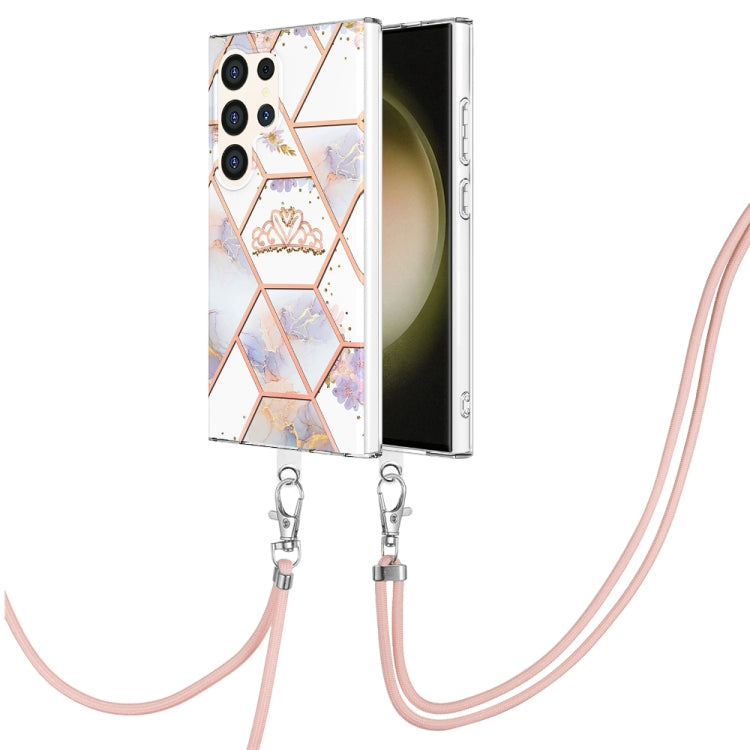 Electroplating Splicing Marble Flower IMD TPU Phone Case with Lanyard, For Samsung Galaxy S25 Ultra 5G, For Samsung Galaxy S24 Ultra 5G, For Samsung Galaxy S24+ 5G, For Samsung Galaxy S24 5G, For Samsung Galaxy S23 FE 5G