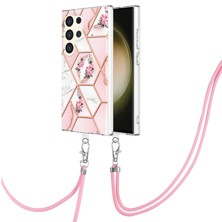Electroplating Splicing Marble Flower IMD TPU Phone Case with Lanyard, For Samsung Galaxy S25 Ultra 5G, For Samsung Galaxy S24 Ultra 5G, For Samsung Galaxy S24+ 5G, For Samsung Galaxy S24 5G, For Samsung Galaxy S23 FE 5G