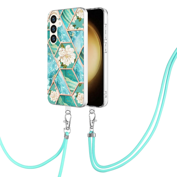 Electroplating Splicing Marble Flower IMD TPU Phone Case with Lanyard, For Samsung Galaxy S25 Ultra 5G, For Samsung Galaxy S24 Ultra 5G, For Samsung Galaxy S24+ 5G, For Samsung Galaxy S24 5G, For Samsung Galaxy S23 FE 5G