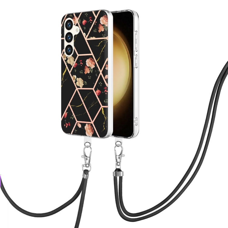Electroplating Splicing Marble Flower IMD TPU Phone Case with Lanyard, For Samsung Galaxy S25 Ultra 5G, For Samsung Galaxy S24 Ultra 5G, For Samsung Galaxy S24+ 5G, For Samsung Galaxy S24 5G, For Samsung Galaxy S23 FE 5G