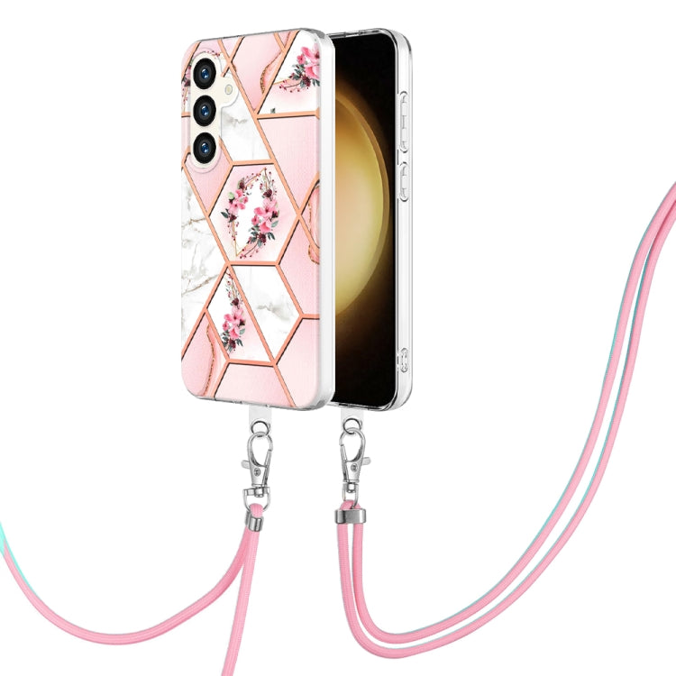 Electroplating Splicing Marble Flower IMD TPU Phone Case with Lanyard, For Samsung Galaxy S25 Ultra 5G, For Samsung Galaxy S24 Ultra 5G, For Samsung Galaxy S24+ 5G, For Samsung Galaxy S24 5G, For Samsung Galaxy S23 FE 5G