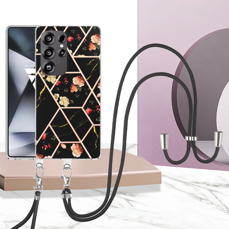 Electroplating Splicing Marble Flower IMD TPU Phone Case with Lanyard, For Samsung Galaxy S25 Ultra 5G, For Samsung Galaxy S24 Ultra 5G, For Samsung Galaxy S24+ 5G, For Samsung Galaxy S24 5G, For Samsung Galaxy S23 FE 5G