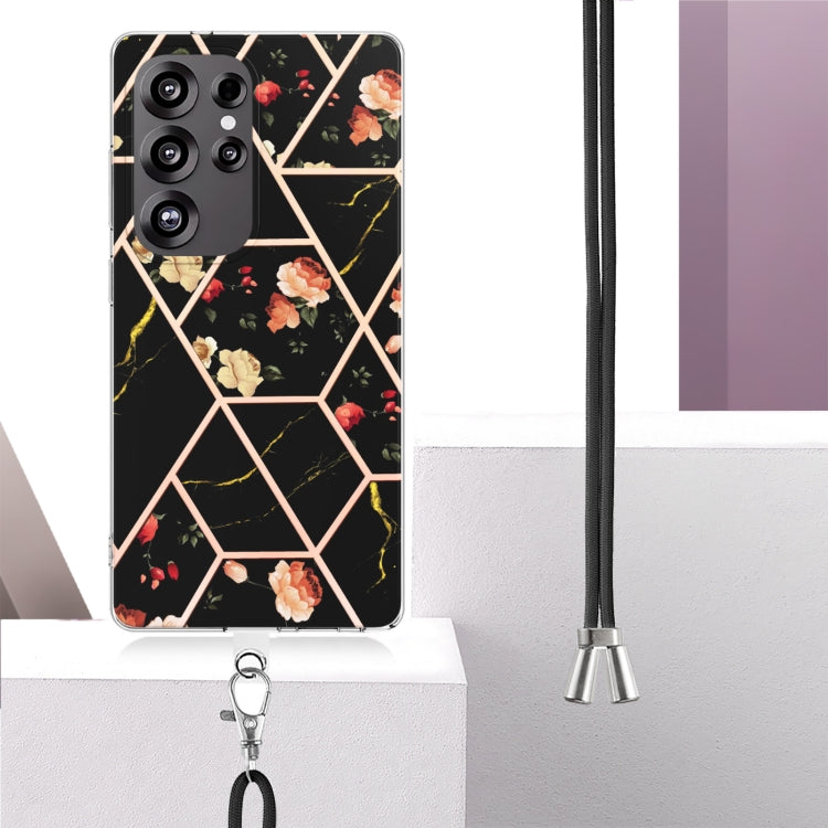 Electroplating Splicing Marble Flower IMD TPU Phone Case with Lanyard, For Samsung Galaxy S25 Ultra 5G, For Samsung Galaxy S24 Ultra 5G, For Samsung Galaxy S24+ 5G, For Samsung Galaxy S24 5G, For Samsung Galaxy S23 FE 5G