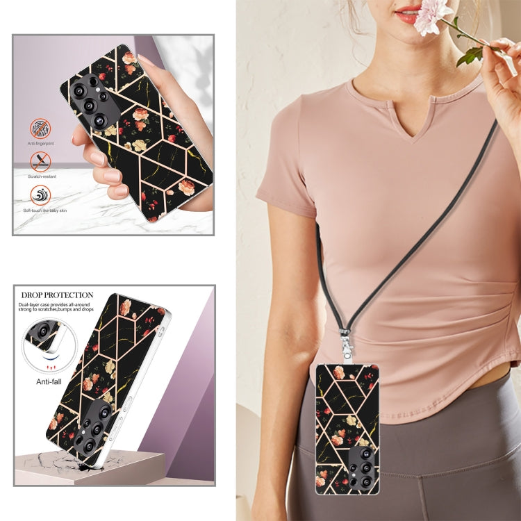 Electroplating Splicing Marble Flower IMD TPU Phone Case with Lanyard, For Samsung Galaxy S25 Ultra 5G, For Samsung Galaxy S24 Ultra 5G, For Samsung Galaxy S24+ 5G, For Samsung Galaxy S24 5G, For Samsung Galaxy S23 FE 5G