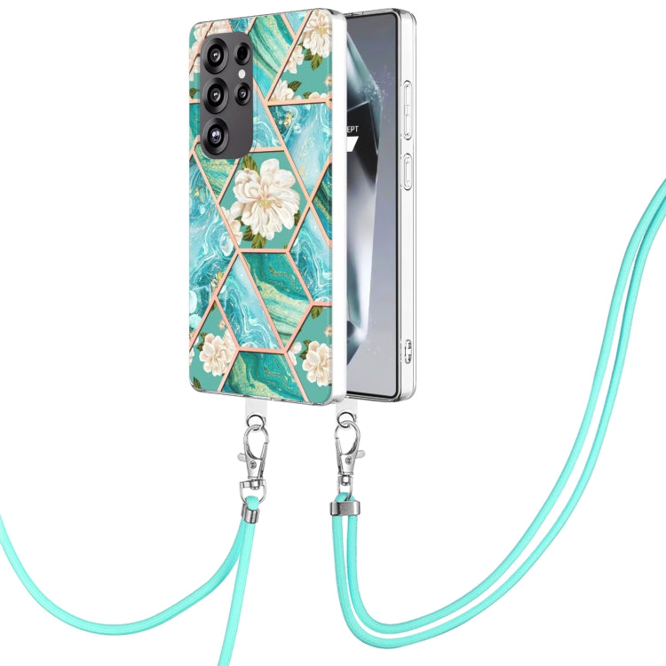 Electroplating Splicing Marble Flower IMD TPU Phone Case with Lanyard, For Samsung Galaxy S25 Ultra 5G, For Samsung Galaxy S24 Ultra 5G, For Samsung Galaxy S24+ 5G, For Samsung Galaxy S24 5G, For Samsung Galaxy S23 FE 5G