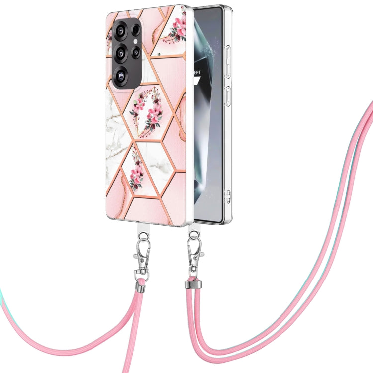 Electroplating Splicing Marble Flower IMD TPU Phone Case with Lanyard, For Samsung Galaxy S25 Ultra 5G, For Samsung Galaxy S24 Ultra 5G, For Samsung Galaxy S24+ 5G, For Samsung Galaxy S24 5G, For Samsung Galaxy S23 FE 5G