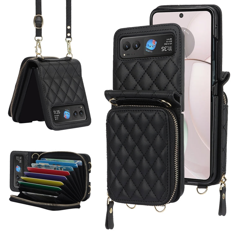 Rhombic Texture Card Bag Phone Case with Dual Lanyard, For Motorola Razr 40