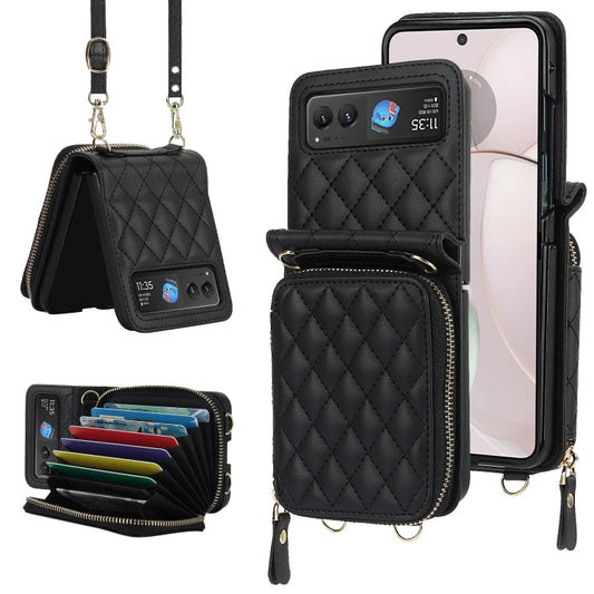Rhombic Texture Card Bag Phone Case with Dual Lanyard, For Motorola Razr 40