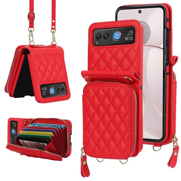 Rhombic Texture Card Bag Phone Case with Dual Lanyard, For Motorola Razr 40