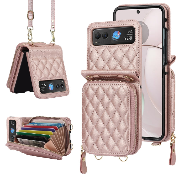 Rhombic Texture Card Bag Phone Case with Dual Lanyard, For Motorola Razr 40