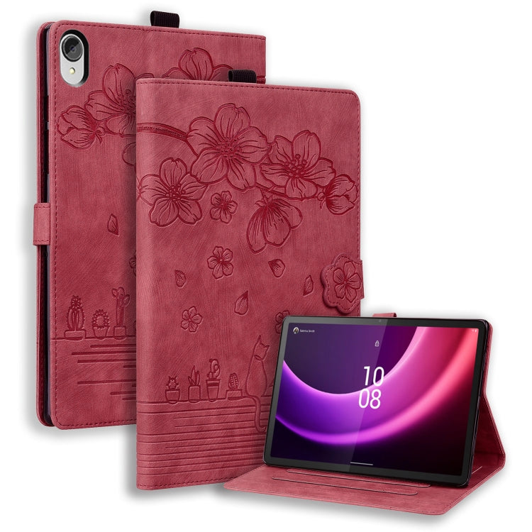 Cartoon Sakura Cat Embossed Leather Tablet Case, For Lenovo Tab M10 3rd Gen, For Lenovo Tab M10 Plus 3rd Gen 2022, For Lenovo Tab P11 TB-J606F