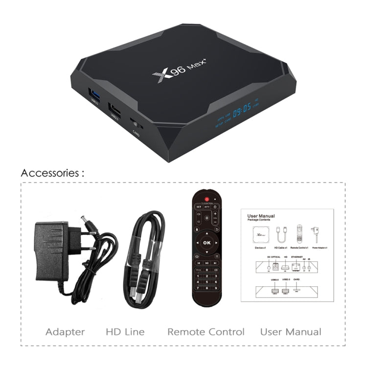 X96 max+ 4K Smart TV Box, Android 9.0, Amlogic S905X3 Quad-Core Cortex-A55,4GB+64GB, Support LAN, AV, 2.4G/5G WiFi, USBx2,TF Card,, EU Plug, US Plug, UK Plug, AU Plug