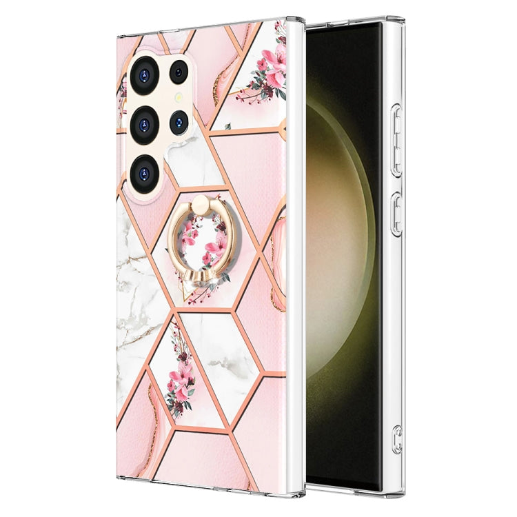 Electroplating Splicing Marble Flower Pattern TPU Shockproof Case with Rhinestone Ring Holder, For Samsung Galaxy S25 Ultra 5G, For Samsung Galaxy S24 Ultra 5G, For Samsung Galaxy S24+ 5G, For Samsung Galaxy S24 5G