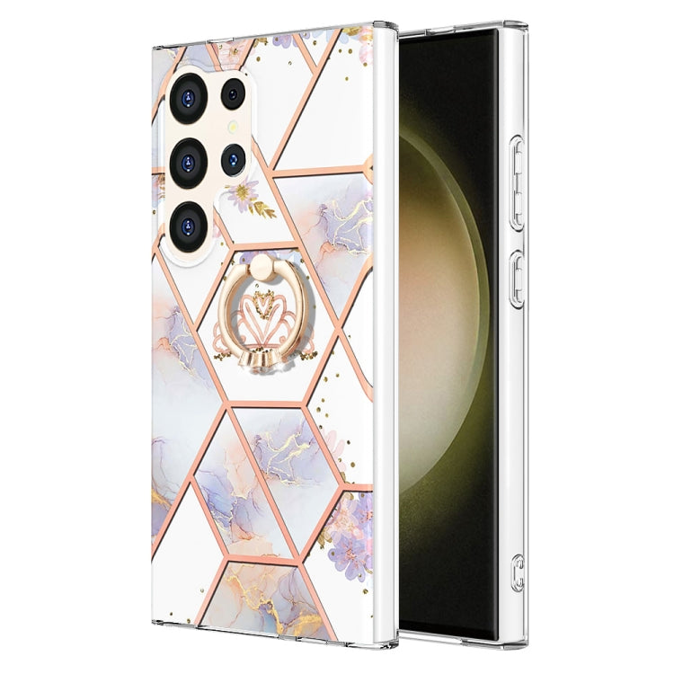 Electroplating Splicing Marble Flower Pattern TPU Shockproof Case with Rhinestone Ring Holder, For Samsung Galaxy S25 Ultra 5G, For Samsung Galaxy S24 Ultra 5G, For Samsung Galaxy S24+ 5G, For Samsung Galaxy S24 5G