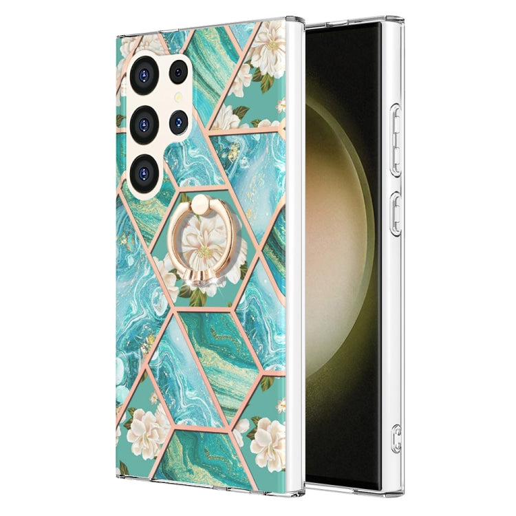 Electroplating Splicing Marble Flower Pattern TPU Shockproof Case with Rhinestone Ring Holder, For Samsung Galaxy S25 Ultra 5G, For Samsung Galaxy S24 Ultra 5G, For Samsung Galaxy S24+ 5G, For Samsung Galaxy S24 5G