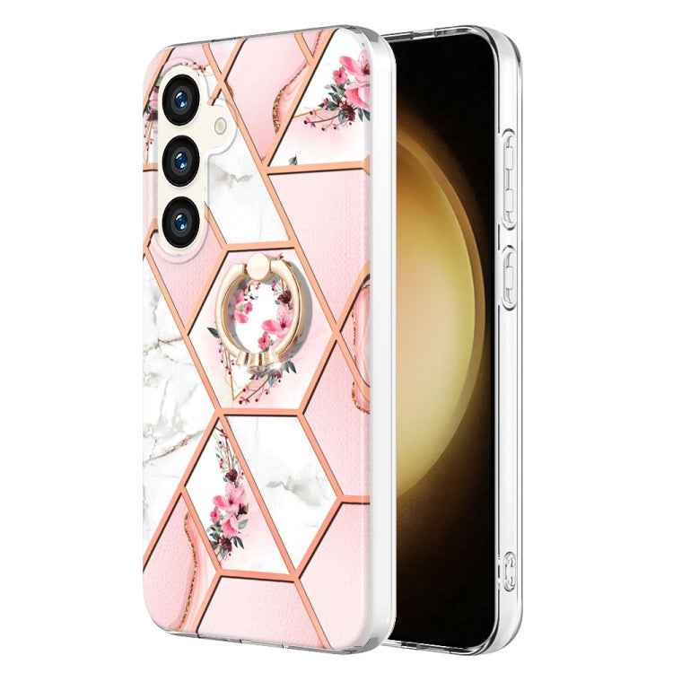 Electroplating Splicing Marble Flower Pattern TPU Shockproof Case with Rhinestone Ring Holder, For Samsung Galaxy S25 Ultra 5G, For Samsung Galaxy S24 Ultra 5G, For Samsung Galaxy S24+ 5G, For Samsung Galaxy S24 5G