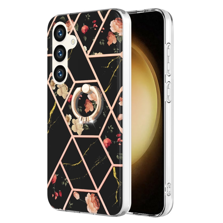 Electroplating Splicing Marble Flower Pattern TPU Shockproof Case with Rhinestone Ring Holder, For Samsung Galaxy S25 Ultra 5G, For Samsung Galaxy S24 Ultra 5G, For Samsung Galaxy S24+ 5G, For Samsung Galaxy S24 5G
