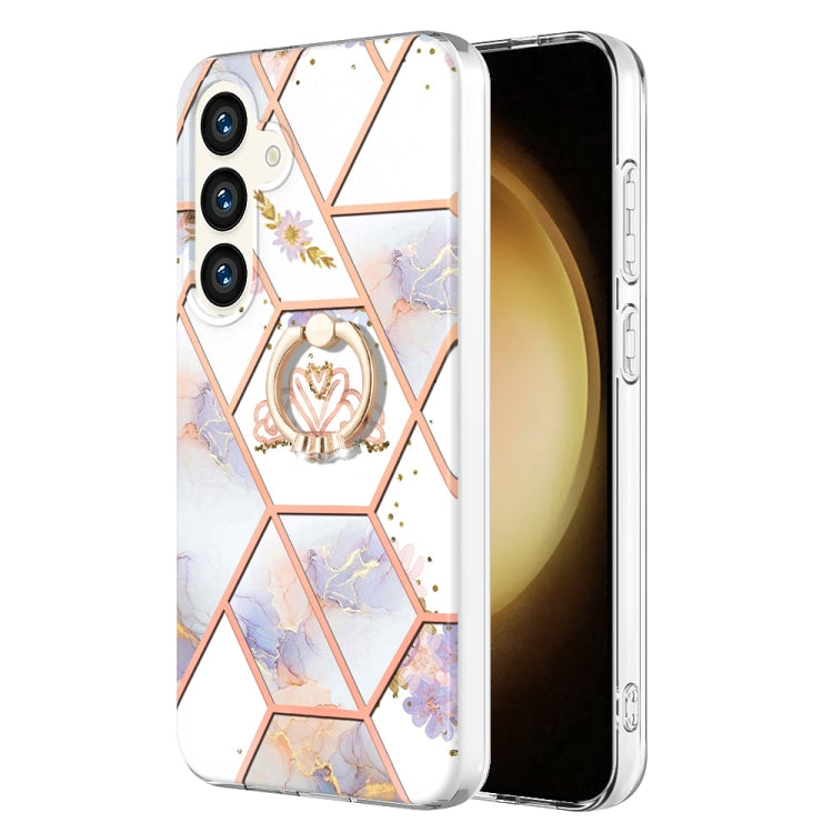Electroplating Splicing Marble Flower Pattern TPU Shockproof Case with Rhinestone Ring Holder, For Samsung Galaxy S25 Ultra 5G, For Samsung Galaxy S24 Ultra 5G, For Samsung Galaxy S24+ 5G, For Samsung Galaxy S24 5G