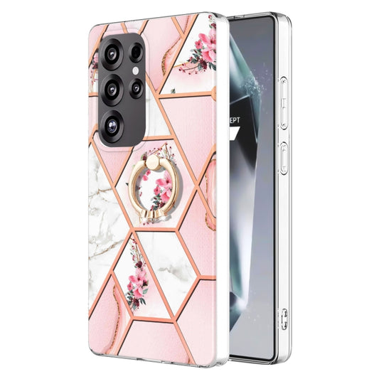 Electroplating Splicing Marble Flower Pattern TPU Shockproof Case with Rhinestone Ring Holder, For Samsung Galaxy S25 Ultra 5G, For Samsung Galaxy S24 Ultra 5G, For Samsung Galaxy S24+ 5G, For Samsung Galaxy S24 5G
