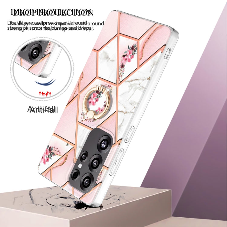 Electroplating Splicing Marble Flower Pattern TPU Shockproof Case with Rhinestone Ring Holder, For Samsung Galaxy S25 Ultra 5G, For Samsung Galaxy S24 Ultra 5G, For Samsung Galaxy S24+ 5G, For Samsung Galaxy S24 5G