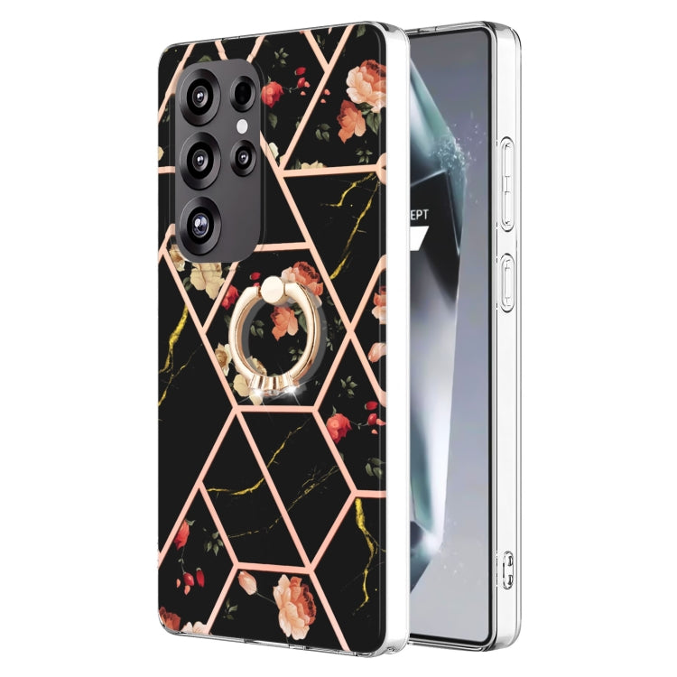 Electroplating Splicing Marble Flower Pattern TPU Shockproof Case with Rhinestone Ring Holder, For Samsung Galaxy S25 Ultra 5G, For Samsung Galaxy S24 Ultra 5G, For Samsung Galaxy S24+ 5G, For Samsung Galaxy S24 5G