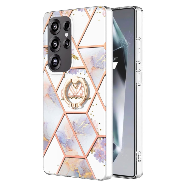 Electroplating Splicing Marble Flower Pattern TPU Shockproof Case with Rhinestone Ring Holder, For Samsung Galaxy S25 Ultra 5G, For Samsung Galaxy S24 Ultra 5G, For Samsung Galaxy S24+ 5G, For Samsung Galaxy S24 5G