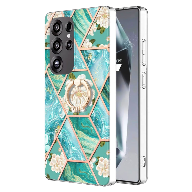 Electroplating Splicing Marble Flower Pattern TPU Shockproof Case with Rhinestone Ring Holder, For Samsung Galaxy S25 Ultra 5G, For Samsung Galaxy S24 Ultra 5G, For Samsung Galaxy S24+ 5G, For Samsung Galaxy S24 5G