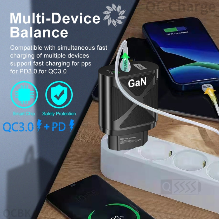 65W Gallium Nitride GaN389 USB + Type-C Fast Charging Charger, EU Plug, US Plug, UK Plug