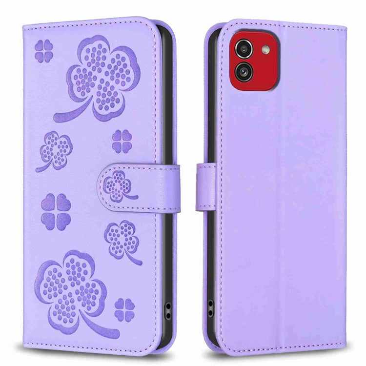 Four-leaf Embossed Leather Phone Case, For Samsung Galaxy A13 / A04 4G, For Samsung Galaxy S20 FE, For Samsung Galaxy A73 5G, For Samsung Galaxy A33, For Samsung Galaxy A03 166mm, For Samsung Galaxy S22 Ultra 5G, For Samsung Galaxy S22+ 5G             ...