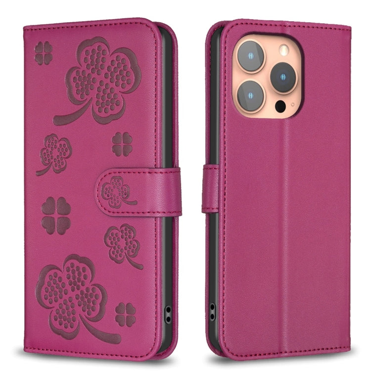 Four-leaf Embossed Leather Phone Case, For iPhone 15 Pro Max, For iPhone 15 Pro, For iPhone 15 Plus, For iPhone 15, For iPhone 14 Plus, For iPhone 14, For iPhone 14 Pro, For iPhone 14 Pro Max
