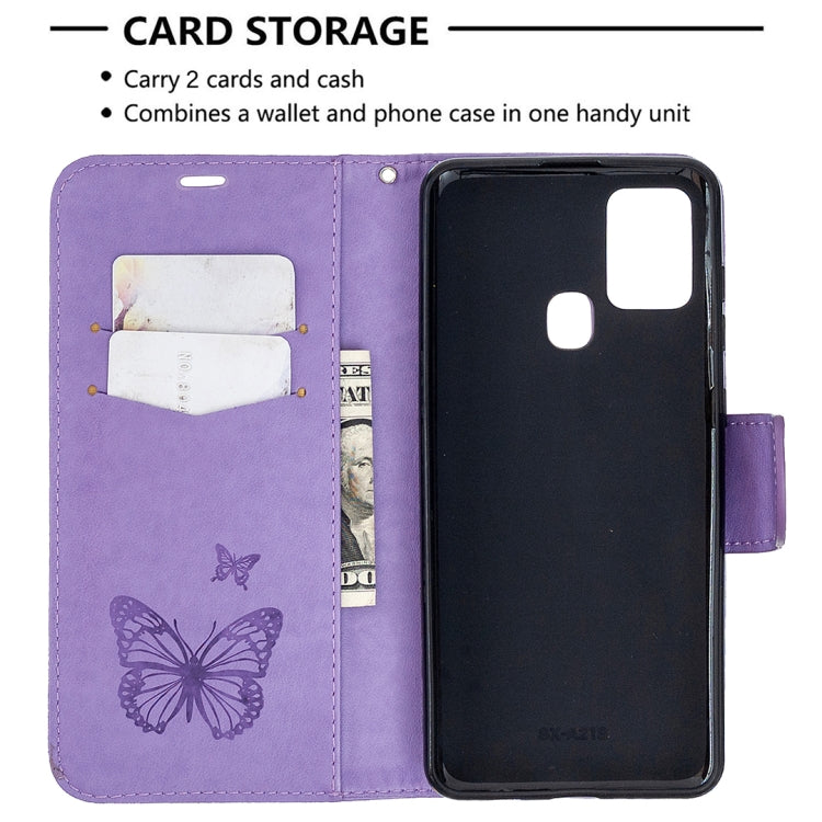 Embossing Two Butterflies Pattern Horizontal Flip PU Leather Case with Holder & Card Slot & Wallet & Lanyard, For Samsung Galaxy A21s