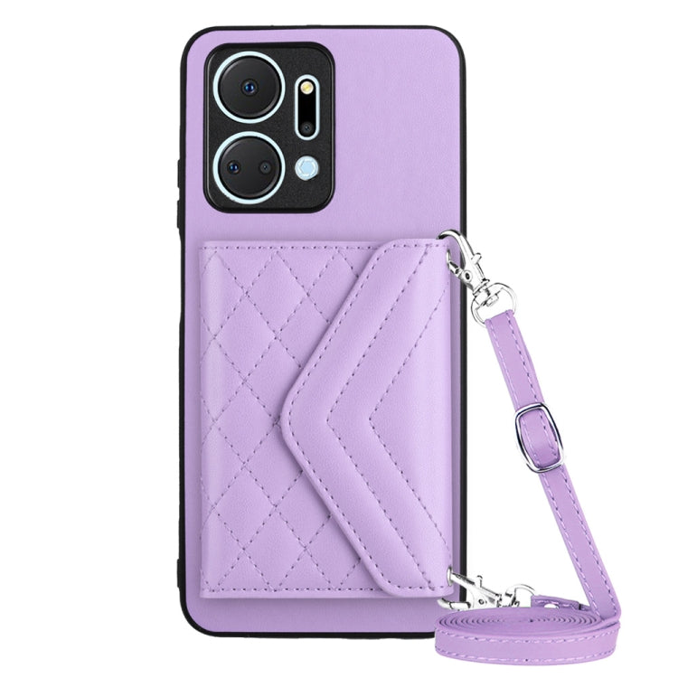Rhombic Texture Card Bag RFID Phone Case with Long Lanyard, For Honor X7a / Play 7T, For Honor X8a, For Honor X9a / Magic5 Lite