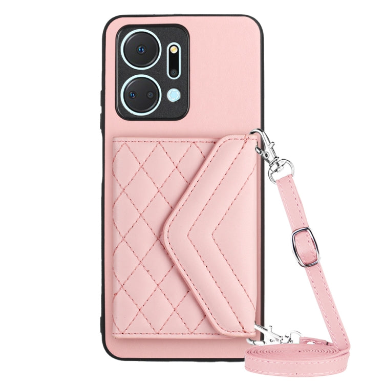 Rhombic Texture Card Bag RFID Phone Case with Long Lanyard, For Honor X7a / Play 7T, For Honor X8a, For Honor X9a / Magic5 Lite