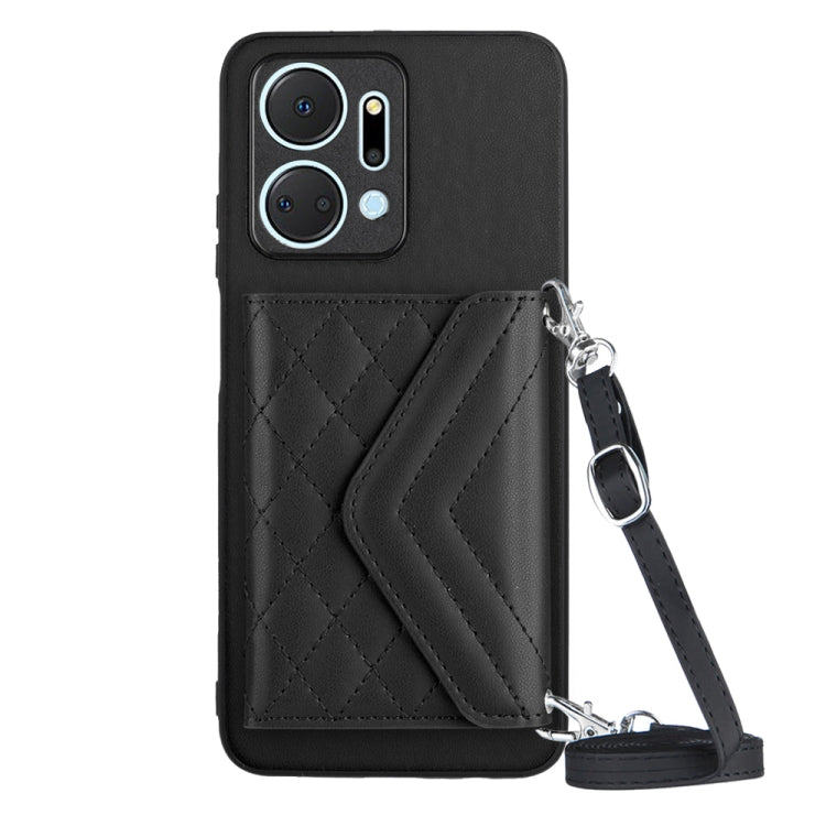 Rhombic Texture Card Bag RFID Phone Case with Long Lanyard, For Honor X7a / Play 7T, For Honor X8a, For Honor X9a / Magic5 Lite