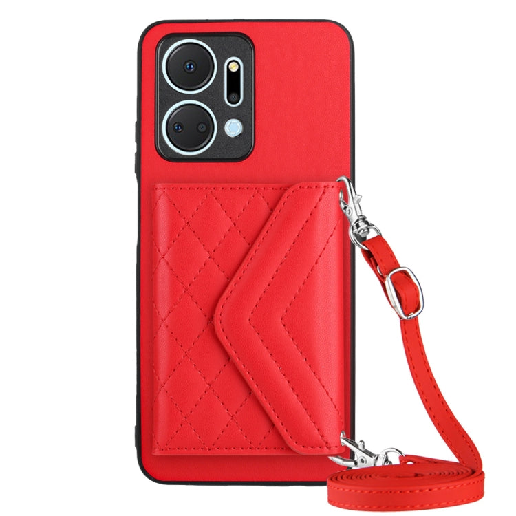 Rhombic Texture Card Bag RFID Phone Case with Long Lanyard, For Honor X7a / Play 7T, For Honor X8a, For Honor X9a / Magic5 Lite
