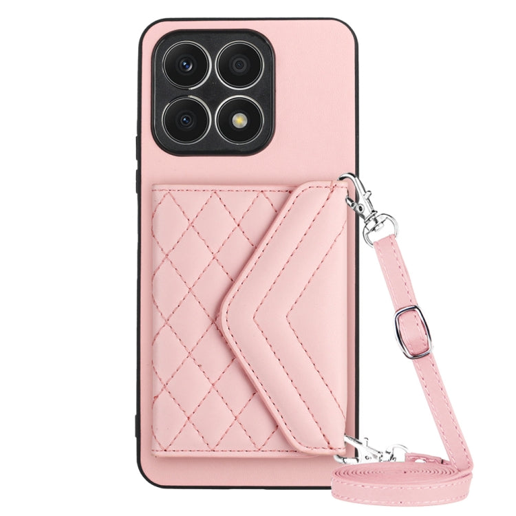 Rhombic Texture Card Bag RFID Phone Case with Long Lanyard, For Honor X7a / Play 7T, For Honor X8a, For Honor X9a / Magic5 Lite