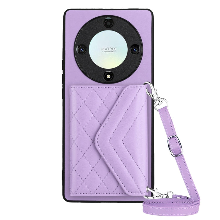 Rhombic Texture Card Bag RFID Phone Case with Long Lanyard, For Honor X7a / Play 7T, For Honor X8a, For Honor X9a / Magic5 Lite